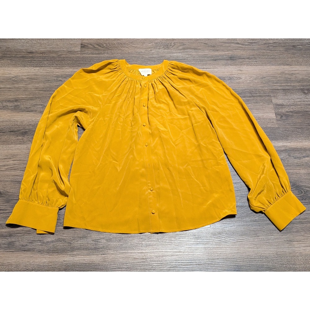 Sezane Chlo Blouse Mustard Yellow Silk Ruffle Neck Button Front Shirt FR 34 US 2